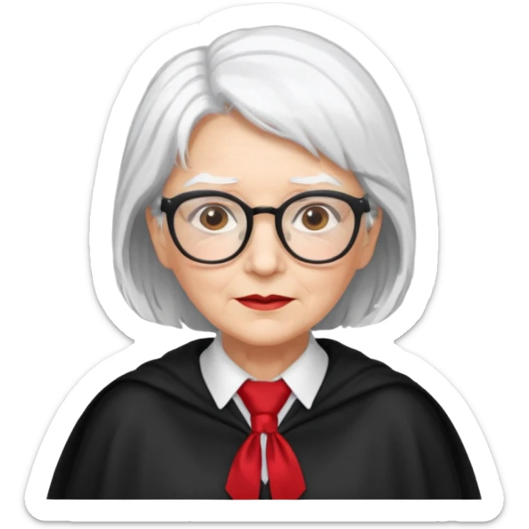 An older woman with glasses and white hair, in a red tie and black cape sticker