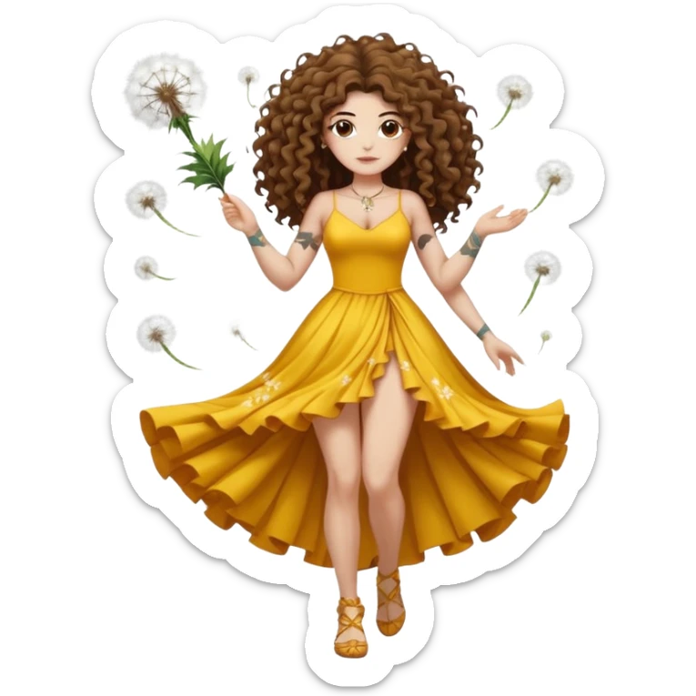 full body woman long curly brown hair brown eyes white skin tattoos muscular build dandelion seed spirit dress made of floating fluff sticker