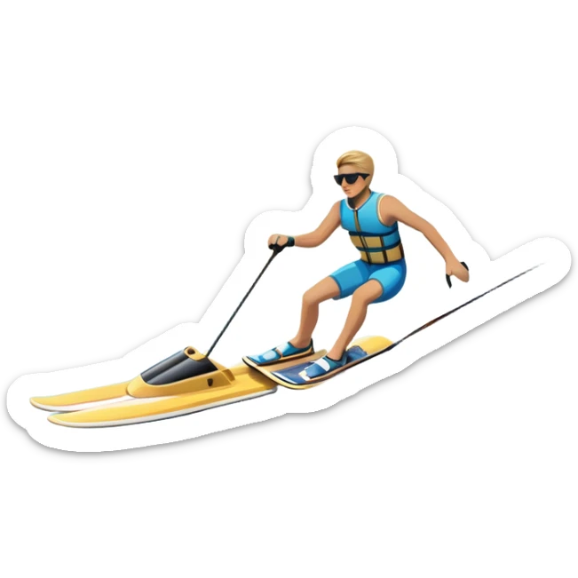 A humanless icon showing a pair of water skis skimming across the surface of a lake, with a skier in motion. The design includes a wake behind the skier, splashing water, and the sun reflecting on the water. Transparent background highlights the speed and thrill of water skiing. sticker