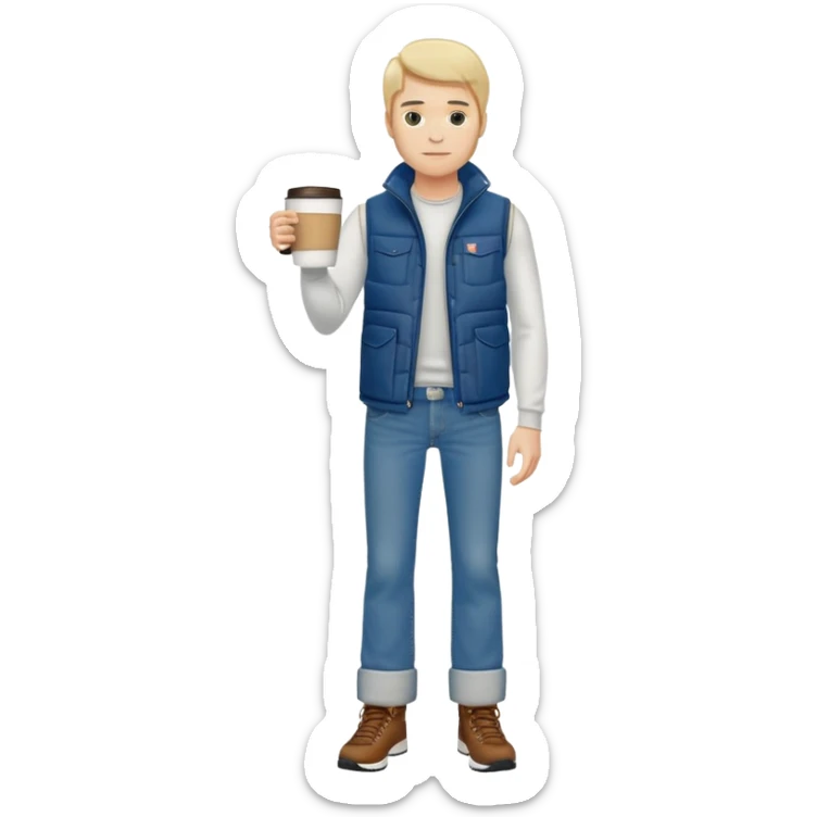 full body man with plain puffy vest with no pockets over long sleeved shirt wearing straight levi boot cut levi blue jeans and tennis shoes holding coffee mug in his hand sticker