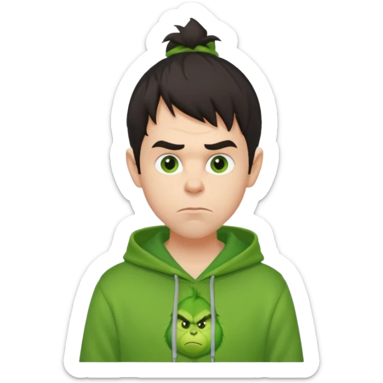Create an avatar of white European with dark hair  male in hoodie with ``BST`` letters on it. Make background to look like from movie Grinch. make him look to left side sticker