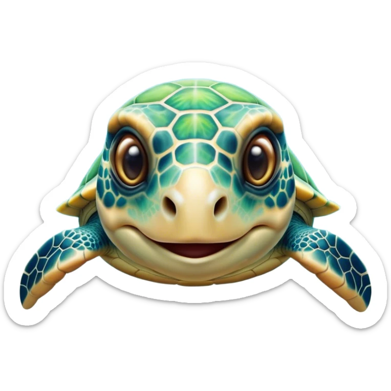 Cinematic Cute Sea Turtle Portrait Emoji, Head tilted playfully and inquisitively, featuring a charming, compact form with a beautifully patterned, domed shell and gentle, sparkling eyes full of oceanic wonder, Simplified yet irresistibly adorable features, highly detailed, glowing with a warm, friendly sea glow, high shine, affectionate and lively, stylized with a touch of whimsical marine charm, soft glowing outline, capturing the essence of a mischievous yet loving sea turtle that seems as if it could swim out of the screen into your arms! sticker
