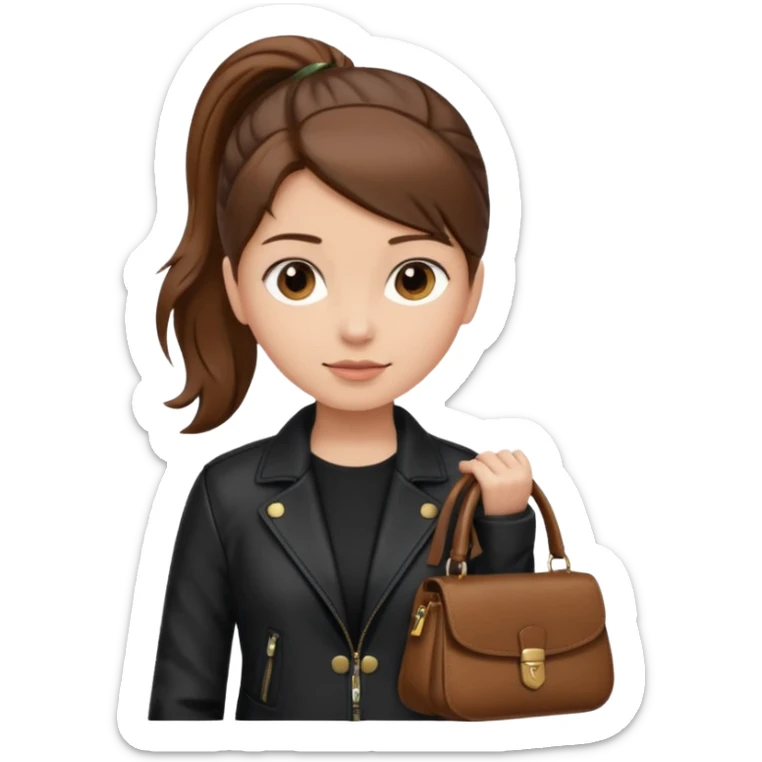 A girl with a pony tail brown hair and white ish skin with a black jacket and a brown purse sticker
