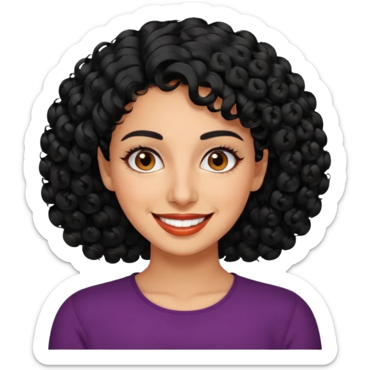 30 year old iranian woman very short curly black hair, big brown eyes, tanned skin, big smile, white teeth, pretty, stylish, shorter hair sticker