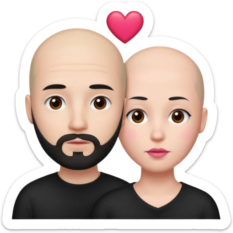 👩🏻‍❤️‍💋‍👨🏻 this one but the man should be bald. white woman with long black hair and white bald young man whoitiut hair and a heart between their heads. she has pink lips and both have brown eyes. he has e full beard but short. both wear black sticker