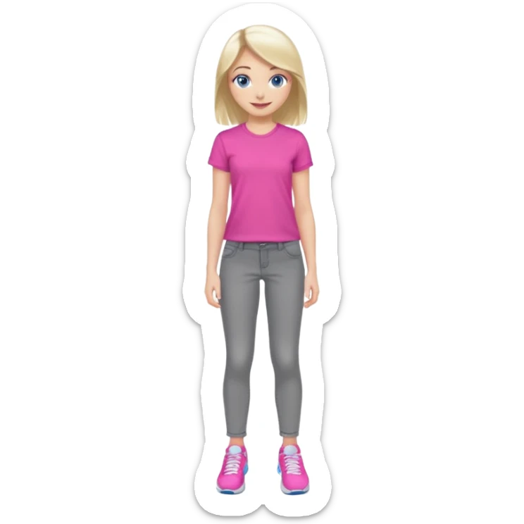 beautiful girl with fair hair, blue eyes, in a vivid pink shirt, grey jeans and white trainers sticker