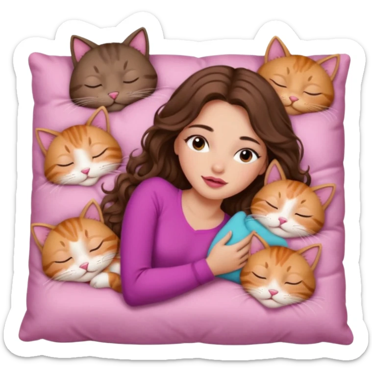 girl with long wavy brown hair, brown eyes, long lashes makeup, sexy pink lips, light to medium complexion,  sleeping on a cozy pillow, with 6 cats, sleeping sticker