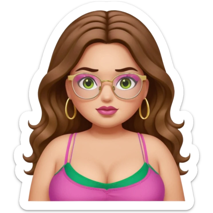 Baddie bratz girl with middle parted long wavy brown hair. green eyes. Plus size. pink spaghetti strap top. Gold rimmed glasses sticker