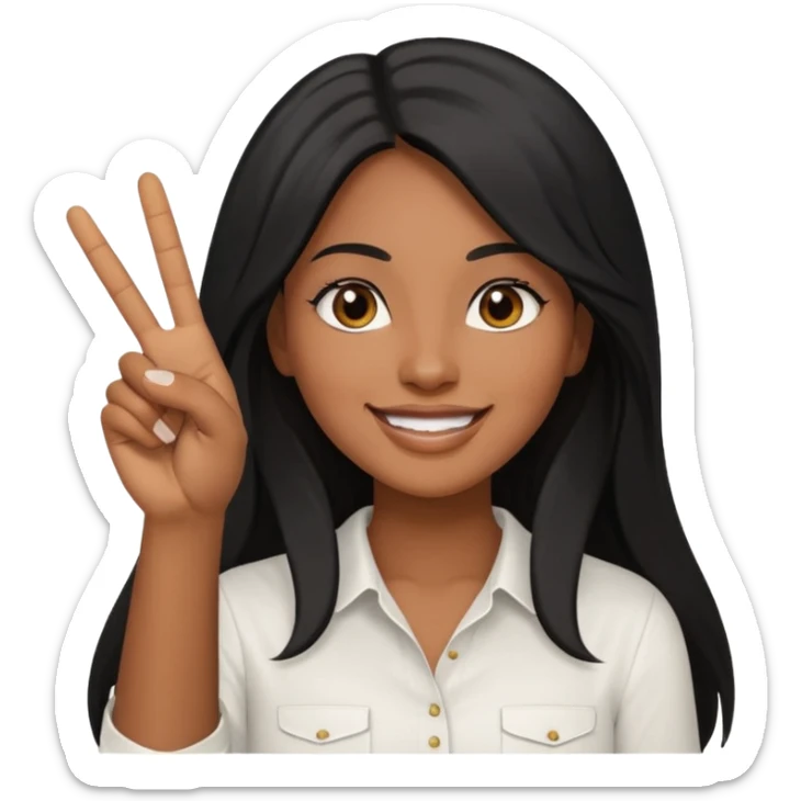 pretty brown skin woman with long black hair and brown eyes holding up the peace sign sticker