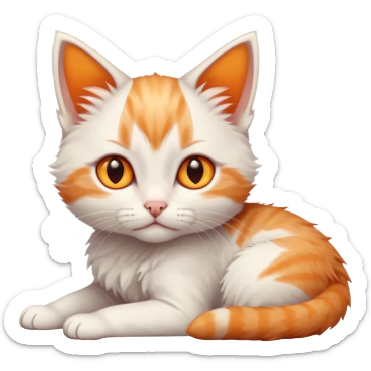 full body of very small + skinny ginger and white kitten with deep orange eyes and triangular shaped face lying down sticker