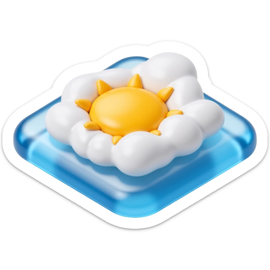 skeuomorphic Apple Weather App icon with glossy blue background, realistic sun and cloud, detailed icon style sticker