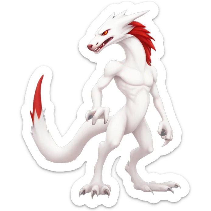 White edgy cute badass epic anthro modern albino sergal-vernid-Fakémon with red mane and red eyes, full body sticker