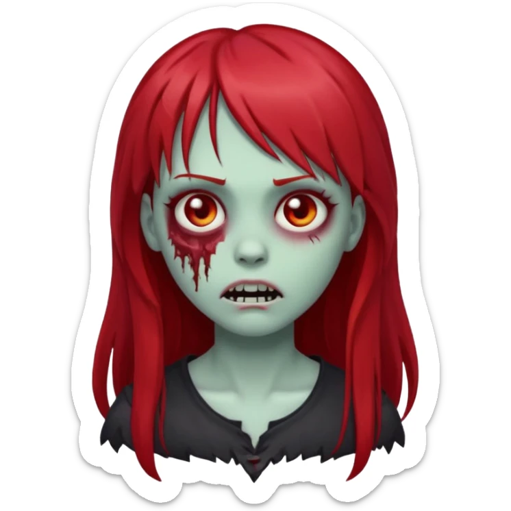 zombie girl, with dark, long red hair and bangs on forehead. Emoji in iOs style. sticker