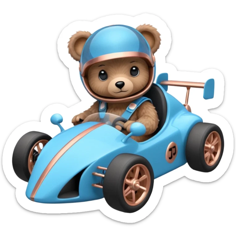 dark crystal blue and rosegold-accented faceted-body electric racing car driven by a small cute but fearless teddy baby bear with rear spoiler, roll bar, and wheely bar sticker