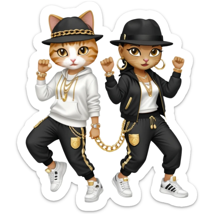 female cat wearing Run DMC hip-hop outfit with tracksuit, fedora, Adidas sneakers, many gold chains, rings, bracelets, flashy earrings, dancing with a friend, no sunglasses sticker
