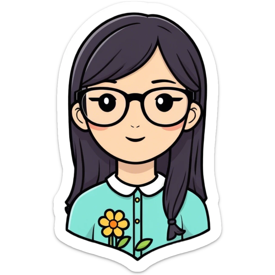 A girl who has straight hair with a flower on her hair,has glasses sticker