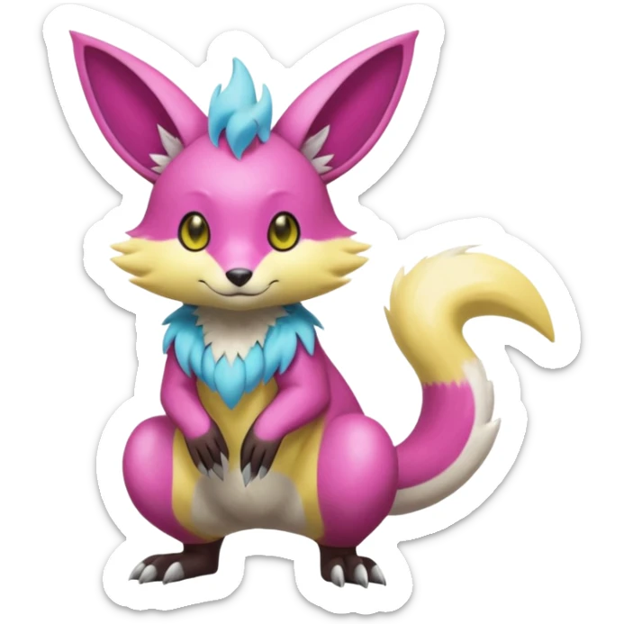 realistic Shiny smooth silky soft Cyan-Yellowish-Magenta Minccino-Zeraora-Emolga-Vernid-Sergal-fusion-hybrid-animal-creature, full body sticker