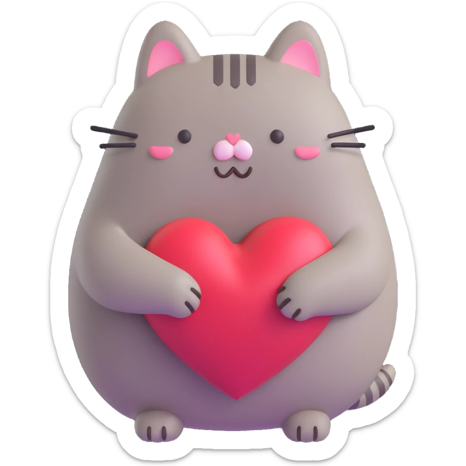 Pusheen hugging a big heart, pastel colors, adorable, 3D emoji style sticker