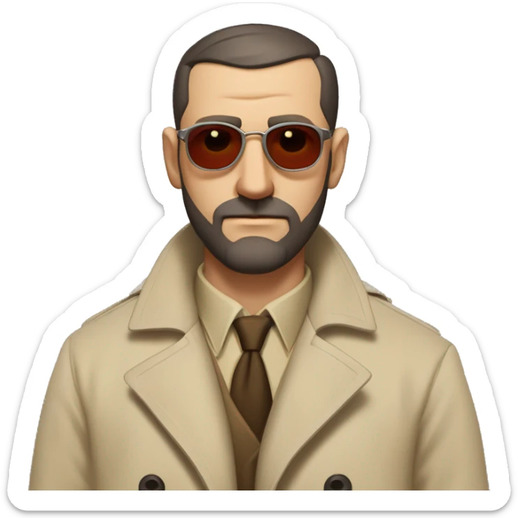 1930s investigator, a Caucasian man with short, buzz cut dark hair and a rough beard, wears tiny red-tinted sunglasses and a dirty beige trench lab coat. He has a serious demeanor. sticker
