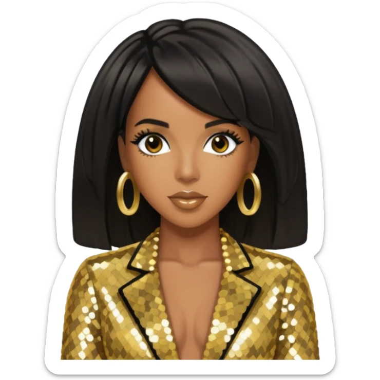 Kelly Rowland from Destiny's Child with black hair, gold outfit sticker