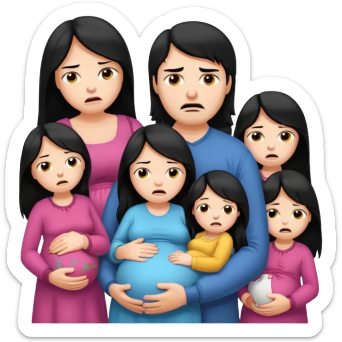 pregnant woman with long black hair crying, angry husband beside her, five little girls with them sticker