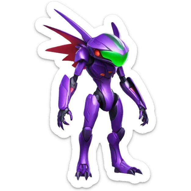 a shiny purple-green-red Genesect-Raptor-Fakémon—hybrid with a futuristic visor-helmet full body sticker