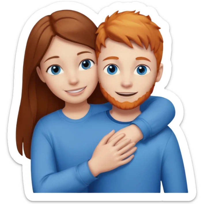 Girl with straight brown hair being hugged by ginger boy. Both have blue eyes.  sticker