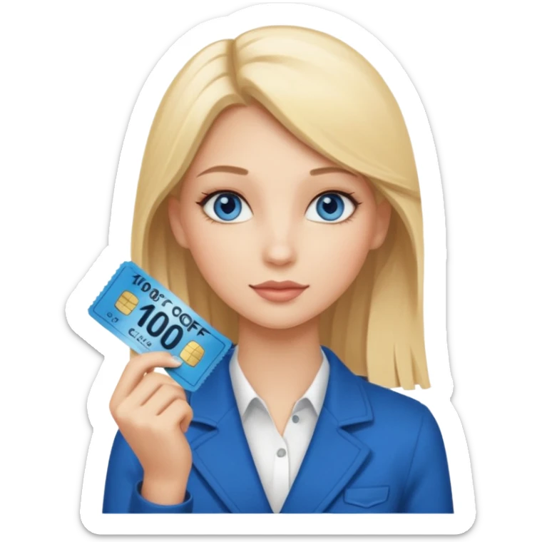 make a elegant girl with a ticket in her hand that says 10 precent off, sticker