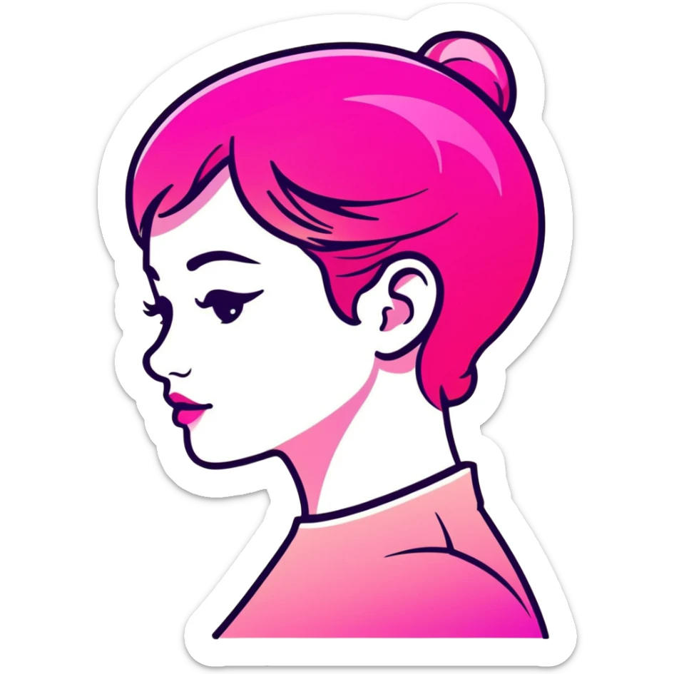 Girl in profile view with curved silhouette, transparent glass style, bright pink gradient, with highlights and shadows, minimalist design sticker