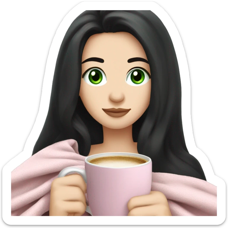 A pretty white girl with very long black hair and green eyes in a light pink blanket sipping coffee sticker