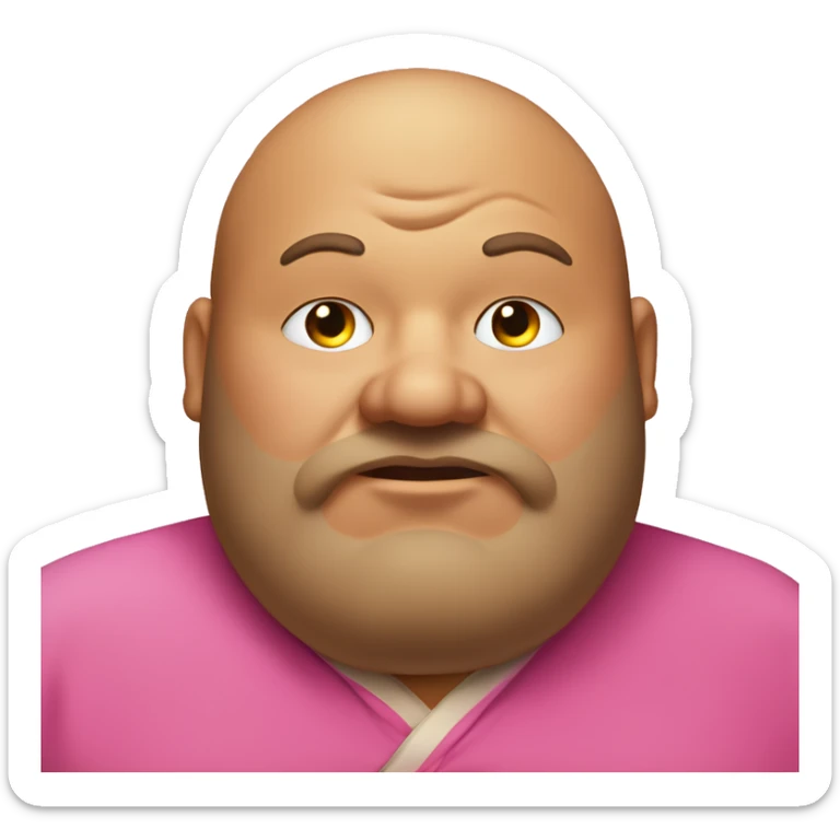 fat man with big hairy ears wearing pink robe, eyes closed, big lips and yellow teeth, duble chin and with a potato nose sticker