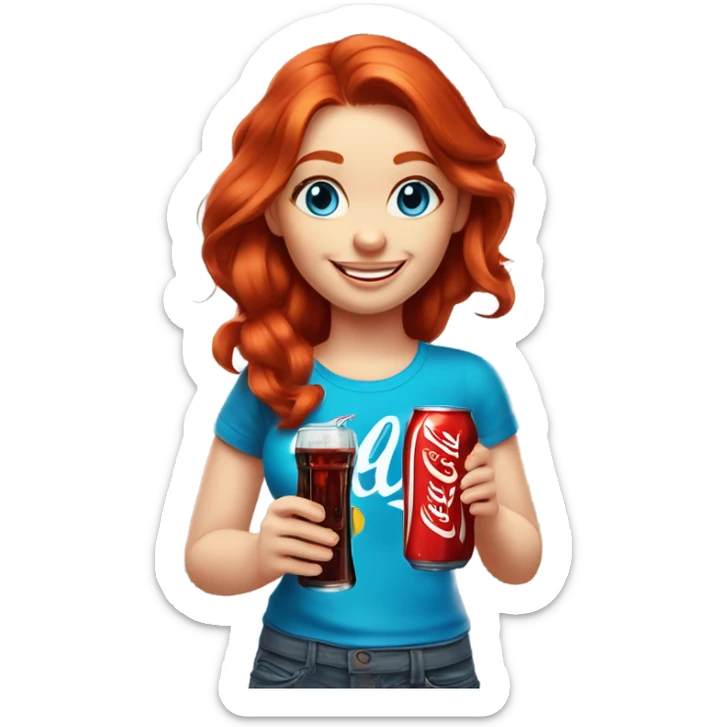 red-haired beautiful blue-eyed girl with fair skin in a T-shirt with a smiley face and a smile with a Coca-Cola in her hands sticker