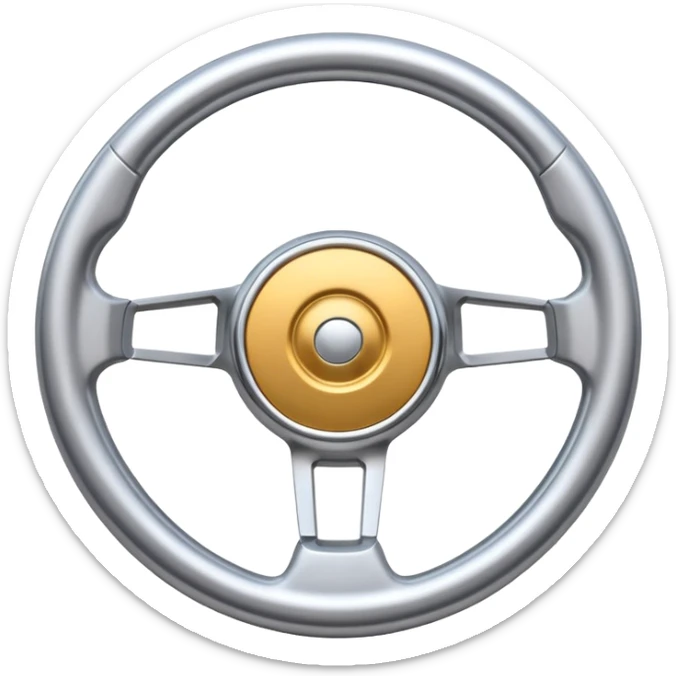 A futuristic steering wheel emoji made of silver chrome, minimal geometric design, smooth metallic surface, soft reflections, iOS emoji style, centered, clean white background sticker