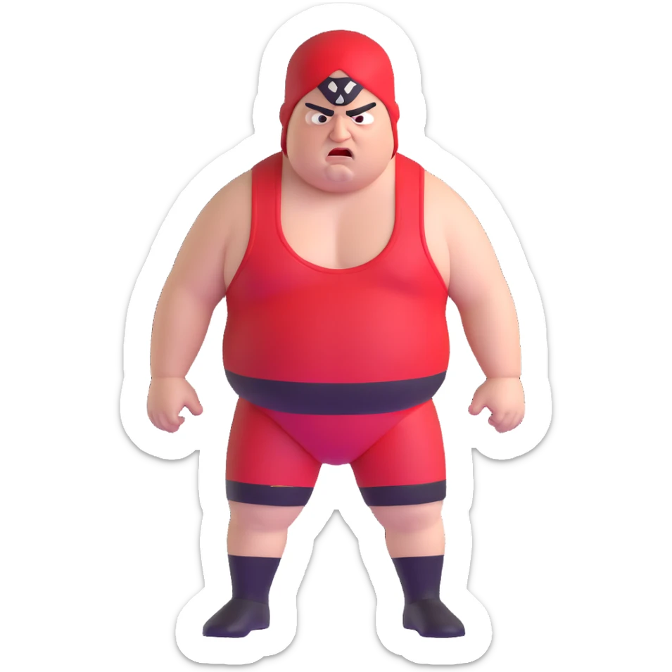 Close-up of white skin fat guy with prominent black durag, completely shaved face, no beard or mustache, black eyes in a red and black wrestling singlet with angry face sticker