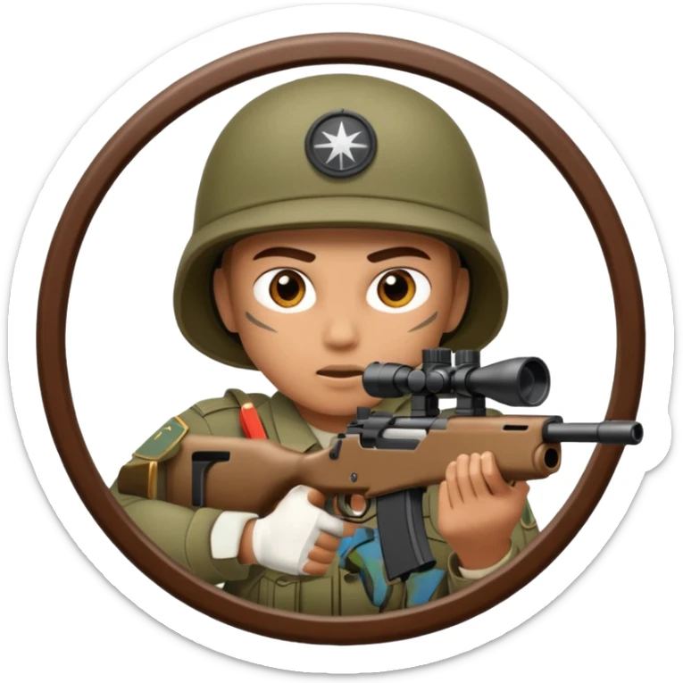 Close-up of a stealthy army soldier looking through the crosshair of his rifle  as seen from the side as he takes aim sticker