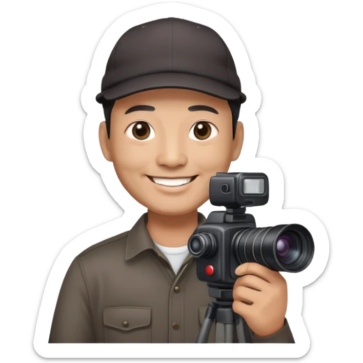 Chinese smiling 50years old male film producer with black eyes  in dark shirt with dark cap and professional camera sticker