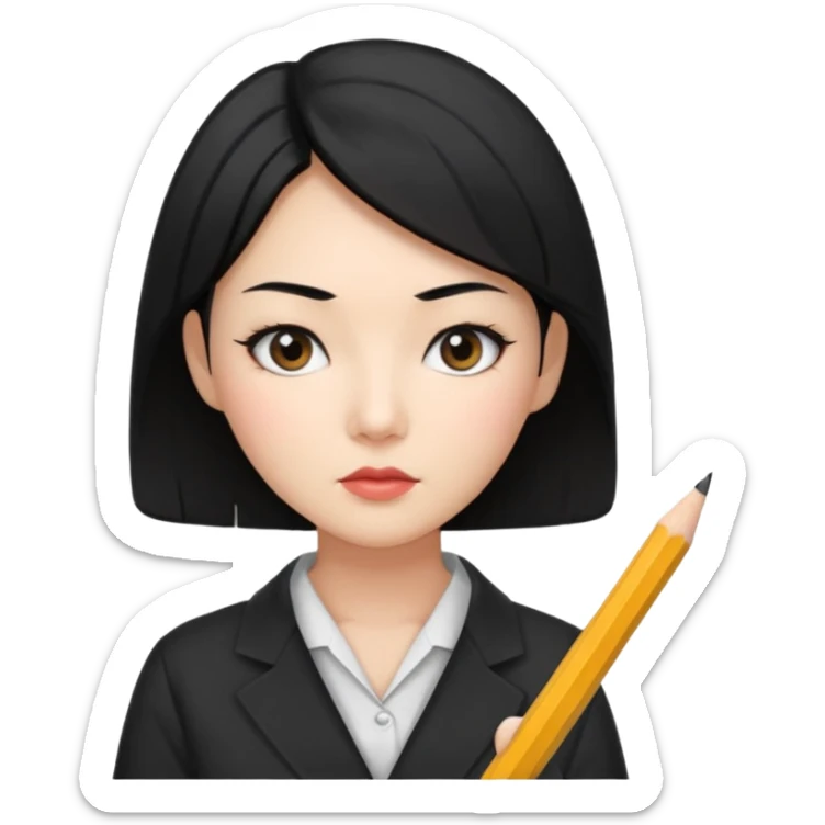 a korean cosmetics marketing expert women with black hair, holding a pencil sticker