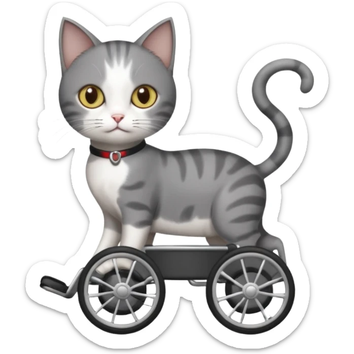 full body small short hair dark grey and white cat with hazel eyes walking in a wheelchair for cats sticker