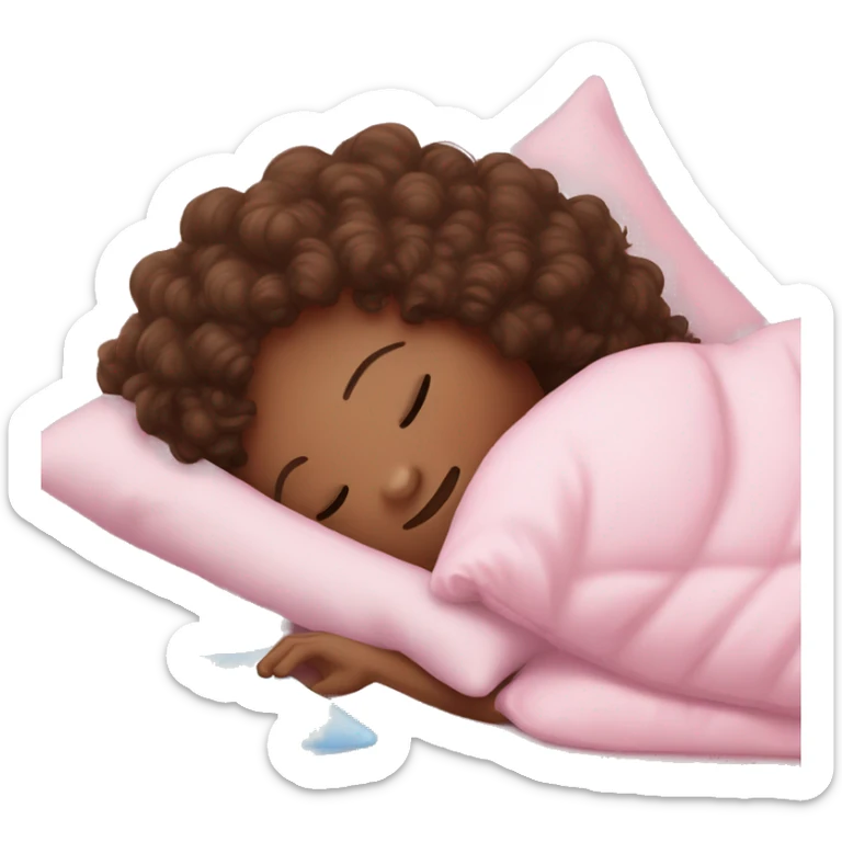Sleepy girl laying on pink pillow with brown curly hair and a ice pack sticker
