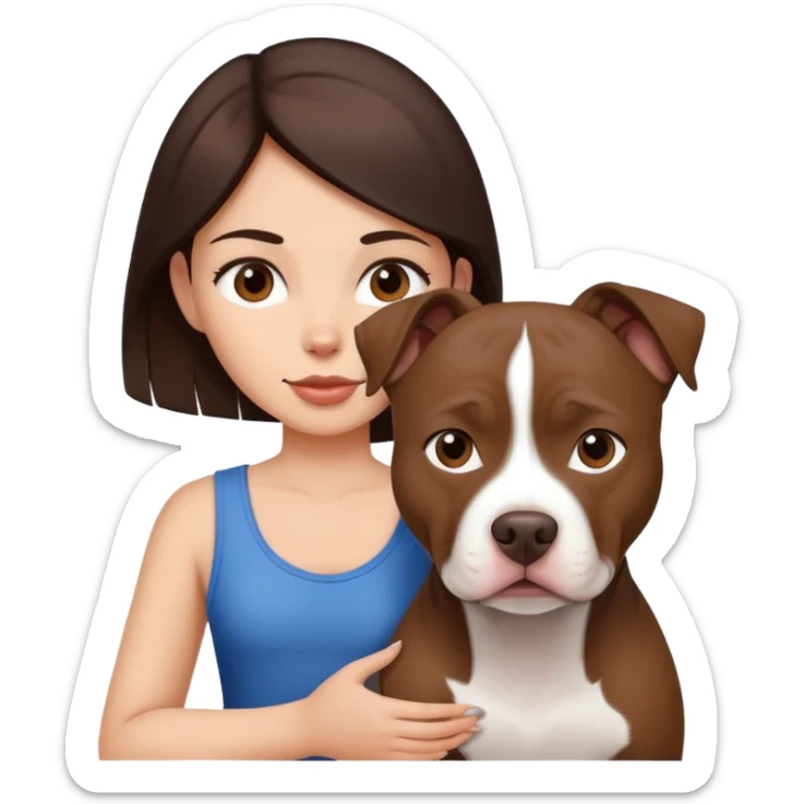 girl with dark brown long hair with her pitbull dog brown and white sticker