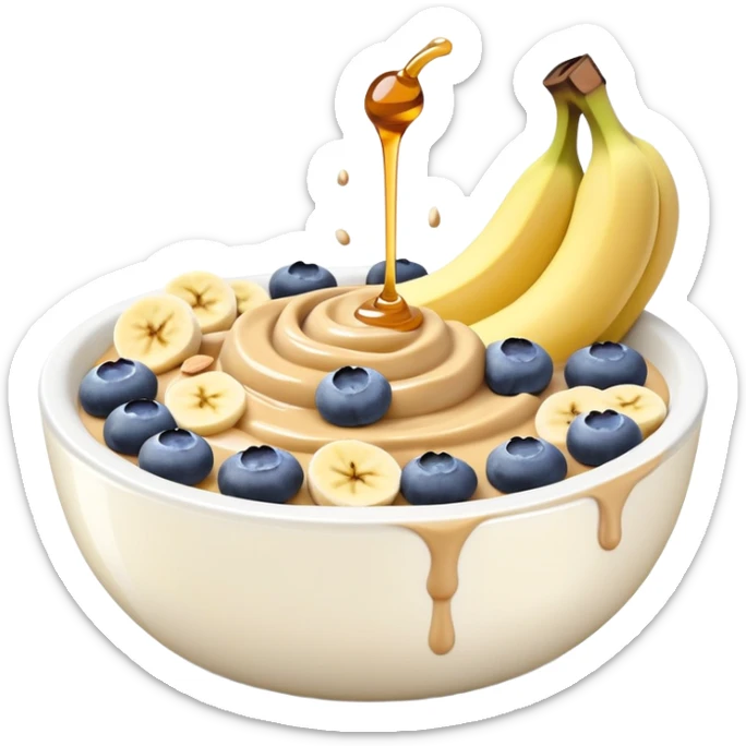 yogurt bowl with banana and bluberries with peanut butter on top and honte sticker