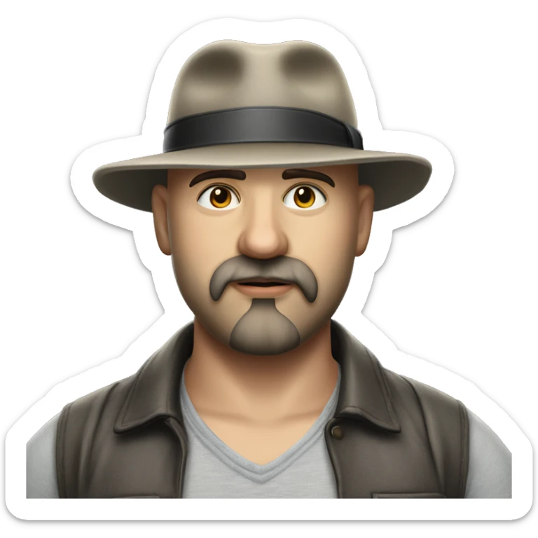 Photorealism A plump bald man of Slavic appearance with a goatee beard and mustache, wearing a fedora hat, big details sticker