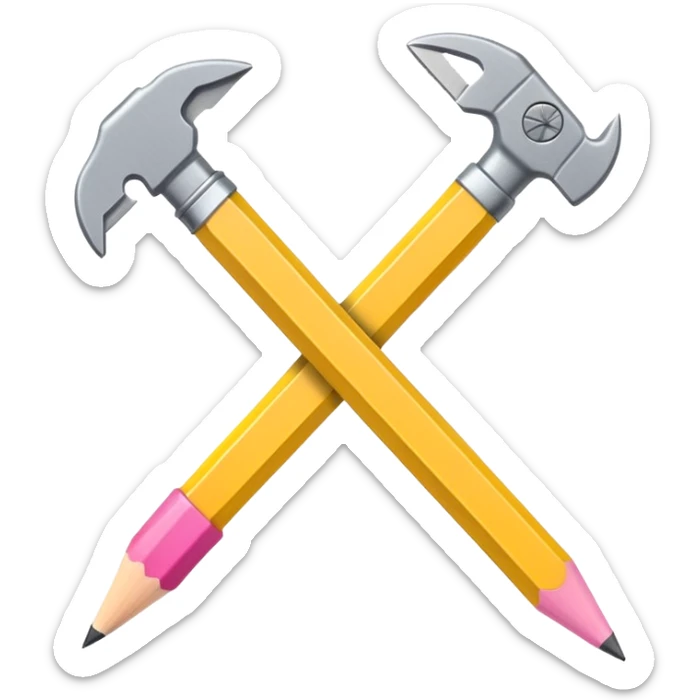A flat-style illustration of a pencil crossed with a wrench, forming an "X" shape. The pencil is yellow with a pink eraser, and the wrench is metallic gray. Clean, simple, modern design, cartoon style, white background, iOS emoji aesthetic. sticker