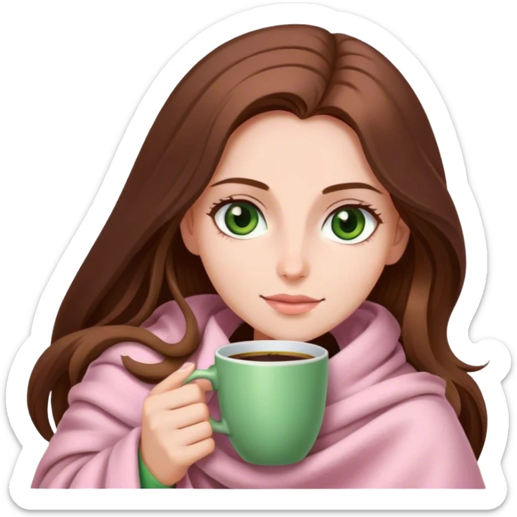 woman with very long brown hair and green eyes in a light pink blanket coffee sticker