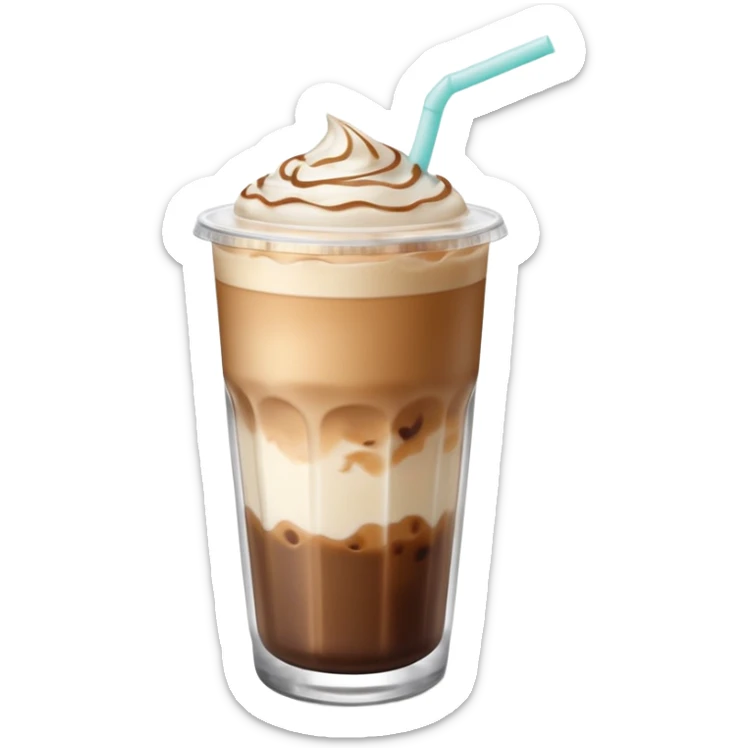 An iced latte in a transparent matte glass, showing how the milk and coffee mix, with ice touching the inner walls of the glass, and a clear lid with a transparent straw on top. Use soft and pastel tones. sticker