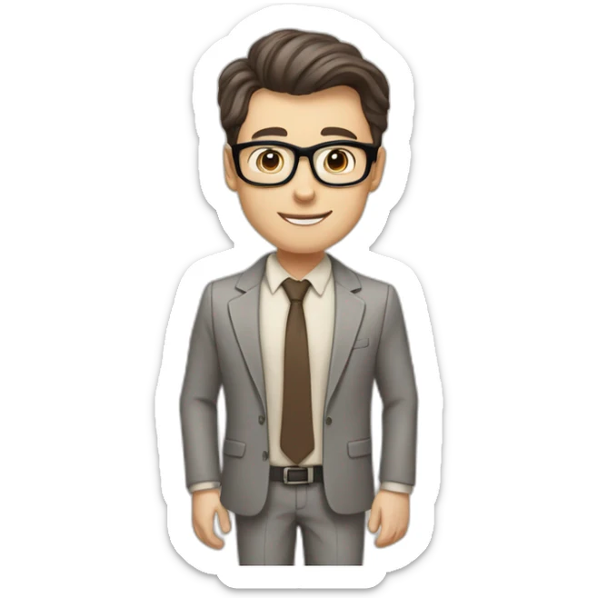 Pale skinned fit man with dark brown hair in gray jacket, beige office shirt, brown tie, brown pants and vintage glasses Writing text on a marker board sticker