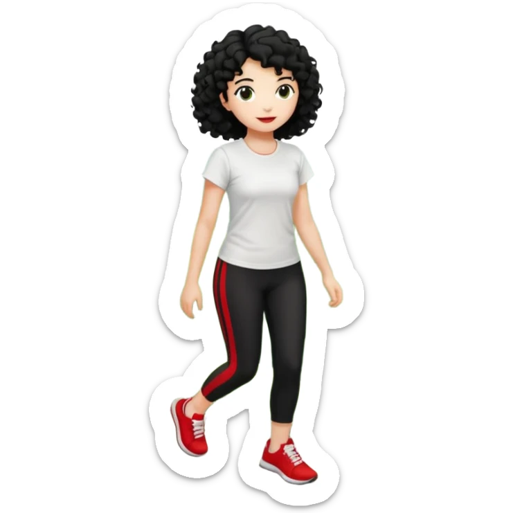 generate a pretty bratz fair skinned girl with curly black hair wearing a white tshirt trekking on a hill road with red sneakers on and black leggings.  Put a hill behind her sticker