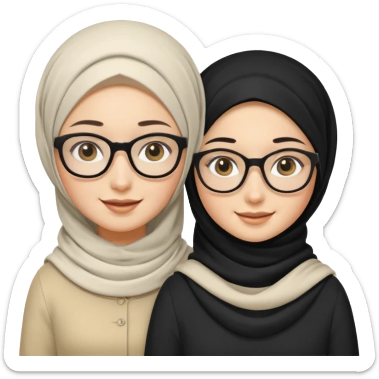 White hijabi girl with black eyes with another girl have long black hair wearing glasses with  another another girl have curly short  honey hair and wearing white glasses  sticker