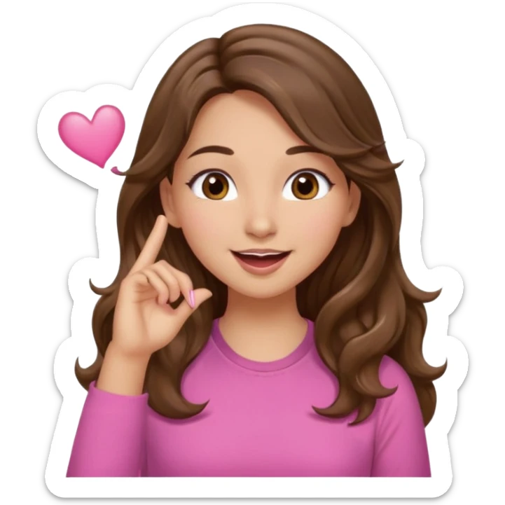girl with long wavy brown hair, brown eyes, light to medium complexion, in a pink shirt, long lashes, blowing a kiss sticker