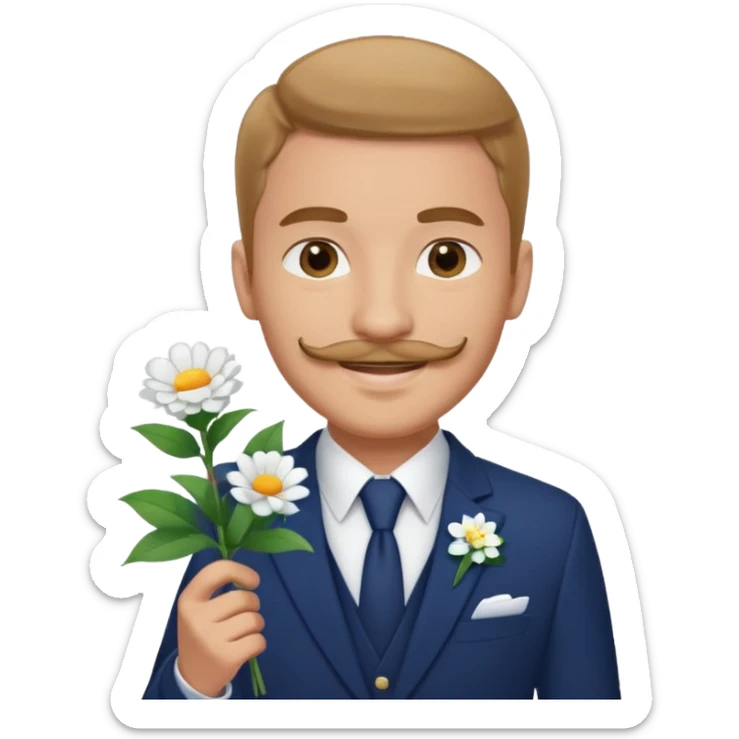 Homme 23 ans léger bouc moustache pas trop épaisse en costume bleu foncé chemise blanche insigne cabin crew portant bouquet fleur blanche souriant  sticker